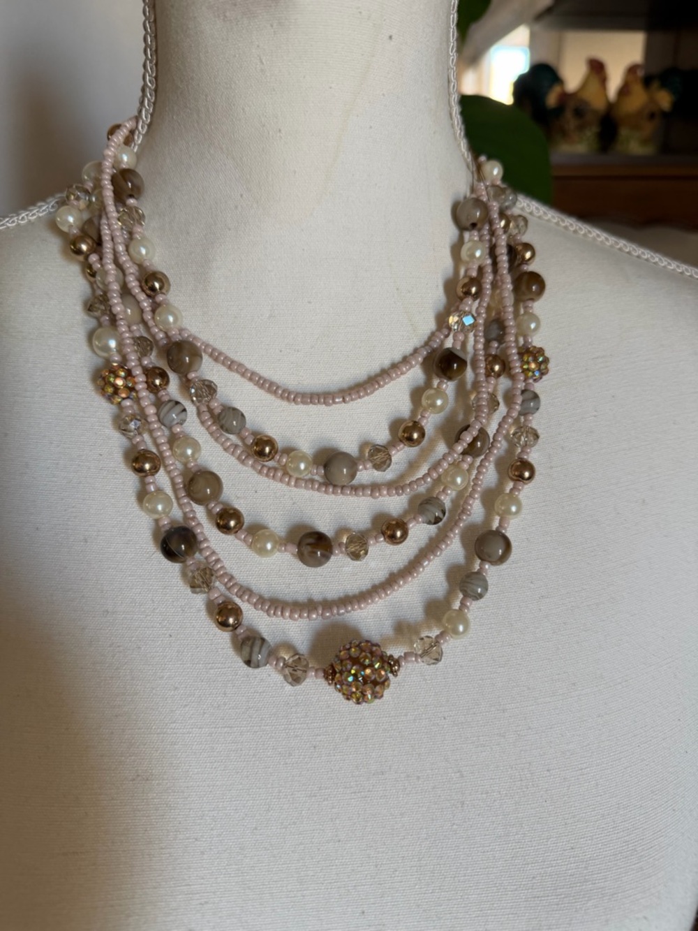 Vintage Erica Lyons Pink, Pearl and Gold Multi Strand Beaded Necklace NWT